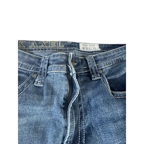 TK Axel Jeans Mens Slim Boot Cut Size 36x32 Blue Denim Classic Fit Med Wash Zip - Picture 3 of 11